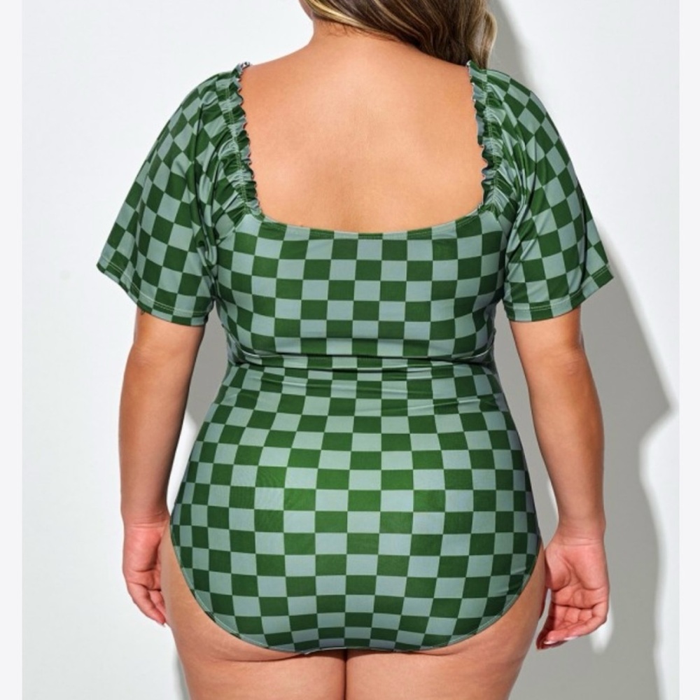 NWT Meet Curve Green Check One Piece Swimsuit V-Neck Mesh Low Back - Picture 2 of 7